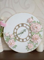 White wall clock with pink 3D peonies Nursery decor Shabby chic wall decor Silent wall clock with flowers for bedroom