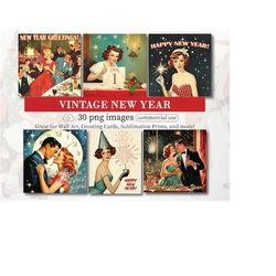 Vintage 1950s Happy New Year Printable Images, Retro Happy New Year clipart, Kitsch Holiday Winter Scrapbook Junk Journa
