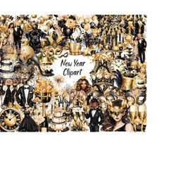 Happy New Year Clipart - 520 Festive Holiday Images, Celebration Clipart, 2024 New Years Party, Black and Gold Party, Co