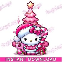 hello pink kitty png | hello christmas kitty png | pink christmas tree | pink candy cane | pink santa hat | pink decor |