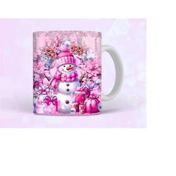 pink snowman cute christmas mug wrap, 11oz and 15oz mug sublimation design, holiday x-mas sparkly glitter winter mug wra