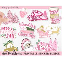 Printable Pink Christmas Sticker Bundle - Digital PNG Stickers - Print and Cut Stickers for Cricut or Silhouette, Digita