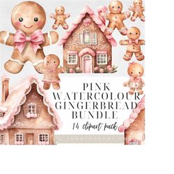 Pink watercolor  christmas gingerbread house clipart,  watercolor gingerbread man clipart, gingerbread png, digital down