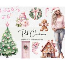 Cute Pink Christmas Watercolour Clipart, 20 Transparent PNG 300 dpi, Girly Pastel Xmas Graphics, Pinkmas, Digital Downlo