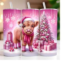 Pink Highland Cow Christmas Tumbler Wrap 20oz Skinny Tumbler Sublimation Design Christmas Highland Cow Tumbler PNG Insta