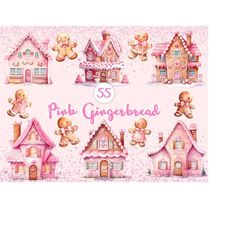 Pink christmas watercolor clipart / Gingerbread watercolor clipart / Gingerbread house png / Gingerbread cookies png / P