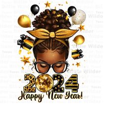 2024 happy new year afro messy bun png, Merry Christmas png, Happy New Year png, Christmas messy bun png, sublimate desi