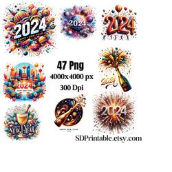Happy New Year Clipart, Happy New Year Png, New Year 2024, New Year Set Of 47 Png Bundle