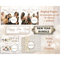 Happy New Year Bundle of 2 A4 JPG pages and 17 PNG Clipart  BONUS! 3 A4 Elegant Patterns