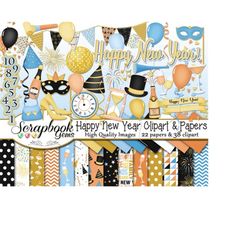 HAPPY NEW YEAR Clipart and Papers Kit, 38 png Clip Arts, 22 jpeg Papers Instant Download champagne wine party new year&3