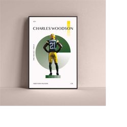 charles woodson poster, green bay packers art print minimalist football wall decor for home living kids game room gym ba