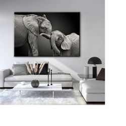 elephant canvas print - elephant art print - african elephant baby and mom canvas art - elephant wall art- elephant home