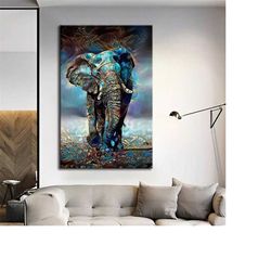 blue wintage elephant canvas print - elephant wall art - elephant home decor - elephant wall decor - elephant canvas art