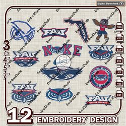 12 Florida Atlantic Owls Bundle Embroidery Files, NCAA Team Logo Embroidery Design, NCAA Bundle EMb Design
