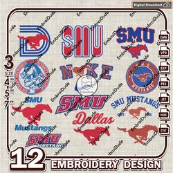 12 SMU Mustangs Bundle Embroidery Files, NCAA SMU Mustangs Team Logo Embroidery Design, NCAA Bundle EMb Design