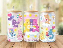 Bears Cartoons 16oz Wrap, 16oz Libbey Glass Can, Frosted Can Glass, Sublimation Design, Rainbow Design, Cute Bears Wrap