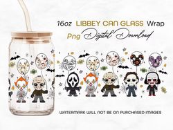 Horror png, Horror characters 16oz Libbey can Glass, Horror characters full glass can wrap, funny horror tumbler wrap