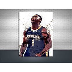 zion williamson poster, new orleans pelicans, gallery canvas wrap, wall art, man cave, kids room, game room