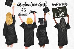 Graduation Clipart Watercolor Girls Png, School Year Ends, Graduate Png