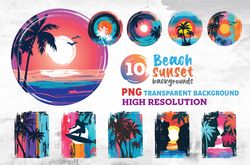 Beach Sunset PNG Colorful Background, Summer Clipart, Beach Png