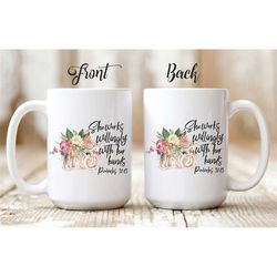 Personalized Proverbs Mug For Photographer 'She Works Willingly With Her Hands'