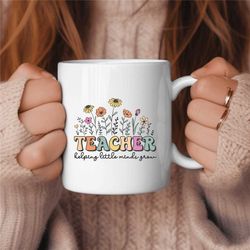 Helping Little Minds Grow Retro Groovy Teacher Coffee Mug, Middle School Teacher Gift, Elementary Teacher Gift, Cute Tea