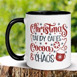 christmas candy canes, cocoa & chaos mug, christmas gifts, christmas mug, merry christmas, holiday mug, christmas coffee