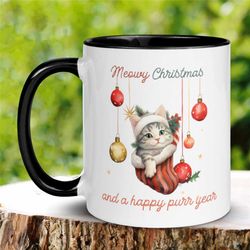 cat christmas mug, christmas gifts, meowy christmas, happy new year, cat mom, cat lover gift, cat dad, holiday mug, cat