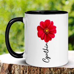 Personalized Red flower Name Mug, Custom Name Mug, Name Mug, Custom Mug, Personalized Coffee Mug, Flower Mug, Floral Bir