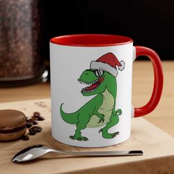 Christmas 2022 Dinosaur Ceramic Coffee 11 oz 15 oz Mug, Santa T-Rex Funny Xmas, Accent Handle Tea Cup, Tyrannosaurus Cut