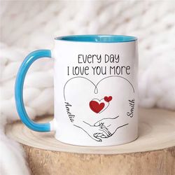 Personalized Valentines Day Mug - Custom Name Coffee Mug, Valentines Day Holding Hands Mug, Gift For Her, Anniversary, G