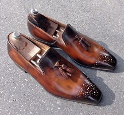 Men's Handmade Brown Leather One Piece Oxford Brogue Tassels Moccasins