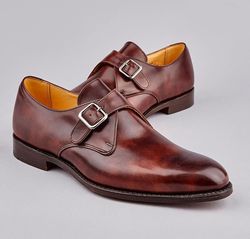 Men's Handmade Brown Tan Color Leather Shoes, Monk Strap Formal Shoes