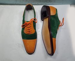 Men's Handmade Green & Brown Shoe, Toe cap Lace Up Suede Leather Formal Shoes