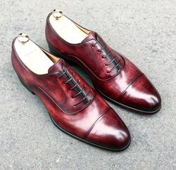 Men's Handmade Maroon Patina Leather Oxford Toe Cap Lace Up Dress Shoes