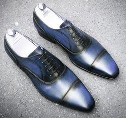 Men's Handmade Navy Blue Patina Leather Oxford Toe Cap Lace Up Dress Shoes