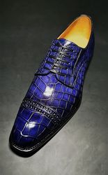 Men's Handmade Purple Patani Crocodile Print Leather Oxfdord Brogue Toe Cap Lace yup Formal Shoes