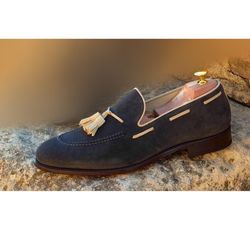 Men's Handmade Suede Moccasin ,loaferBlack Beige Tussles shoes