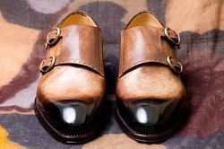 Men's Handmade Beige Patina Leather Double Buckle Monk Shoes