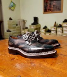 Men's Handmade Beige Patina Leather Oxford Brogue Wingitp Lace Up Hand Stitched Lace Up Dress Shoes
