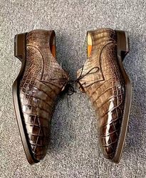 Men's Handmade Beige Patina Patina Crocodile Print Leather Lace Up Derby Dress Shoes