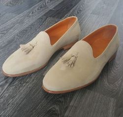 Men's Handmade Beige suede loafers, casual shoes,