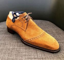 Men's Handmade Beige Suede Oxford Brogue Toe Cap Lace Up Derby Dress Shoes