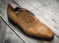 Men's Handmade Beige Suede Oxford Brogue Toe Cap Lace Up Shoes