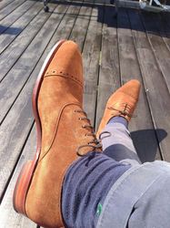 Men's Handmade Beige Suede Oxford Brogue ToeCap Lace Up Shoes