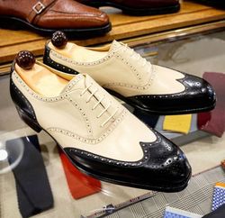 Men's Handmade Black & White Leather Oxford Brogue Wingtip Lace Up Dress Shoes