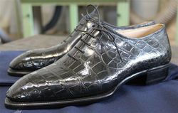Men's Handmade Black Crocodile Print Leather One Piece Tuxedo Dress Shoes