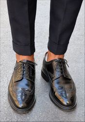 Men's Handmade Black Leather Oxford Brogue Wing Tip Lace Up Derby Dress Shoes