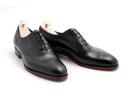 Men's Handmade Black Leather Wing Tip Oxford Lace Up Shoes