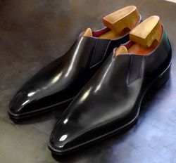 Men's Handmade Black Patina Leather One Piece Dress Shoes